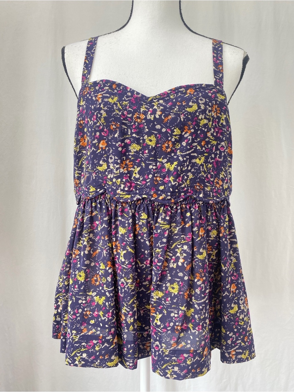 Anthropologie PINS & NEEDLES Blue Floral 100% Silk Camisole Ruffle Tank Sz Large